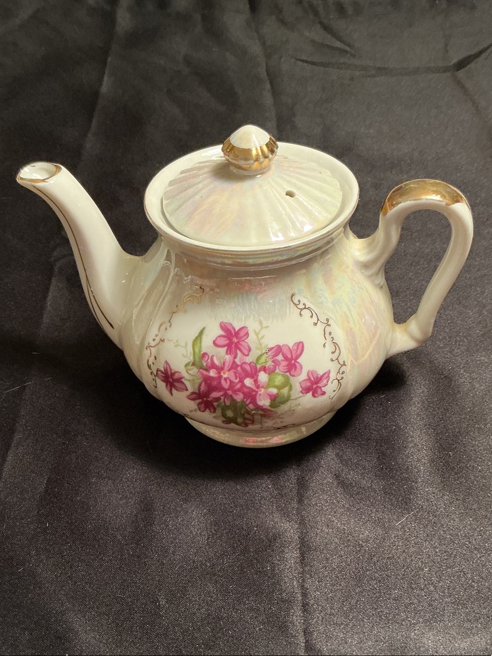 Vintage Iridescent White Teapot with Pink Floral Motif and Gold Trim